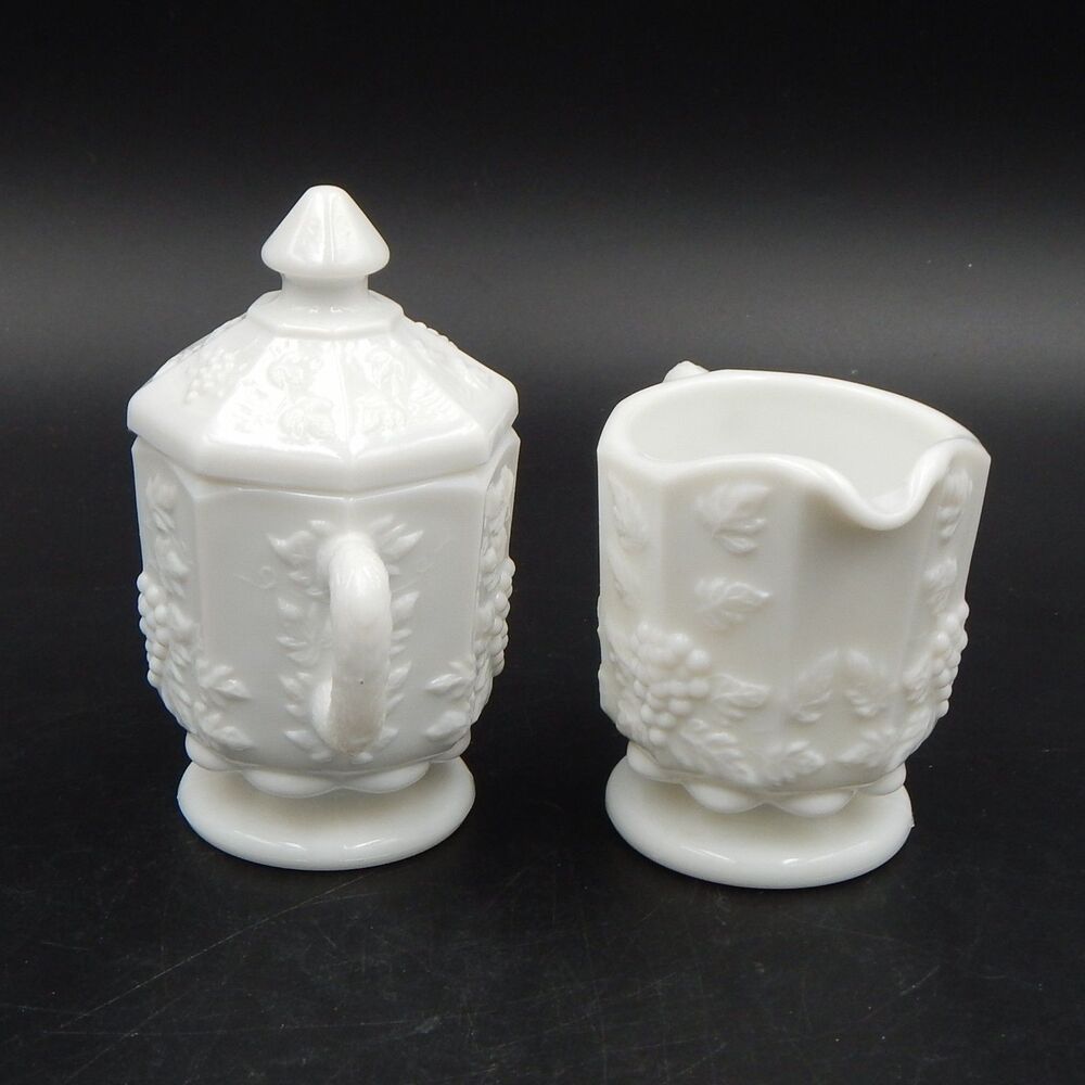 Westmoreland Paneled Grapes White Milk Glass Lidded Sugar Bowl & Creamer Set - Picture 4 of 9
